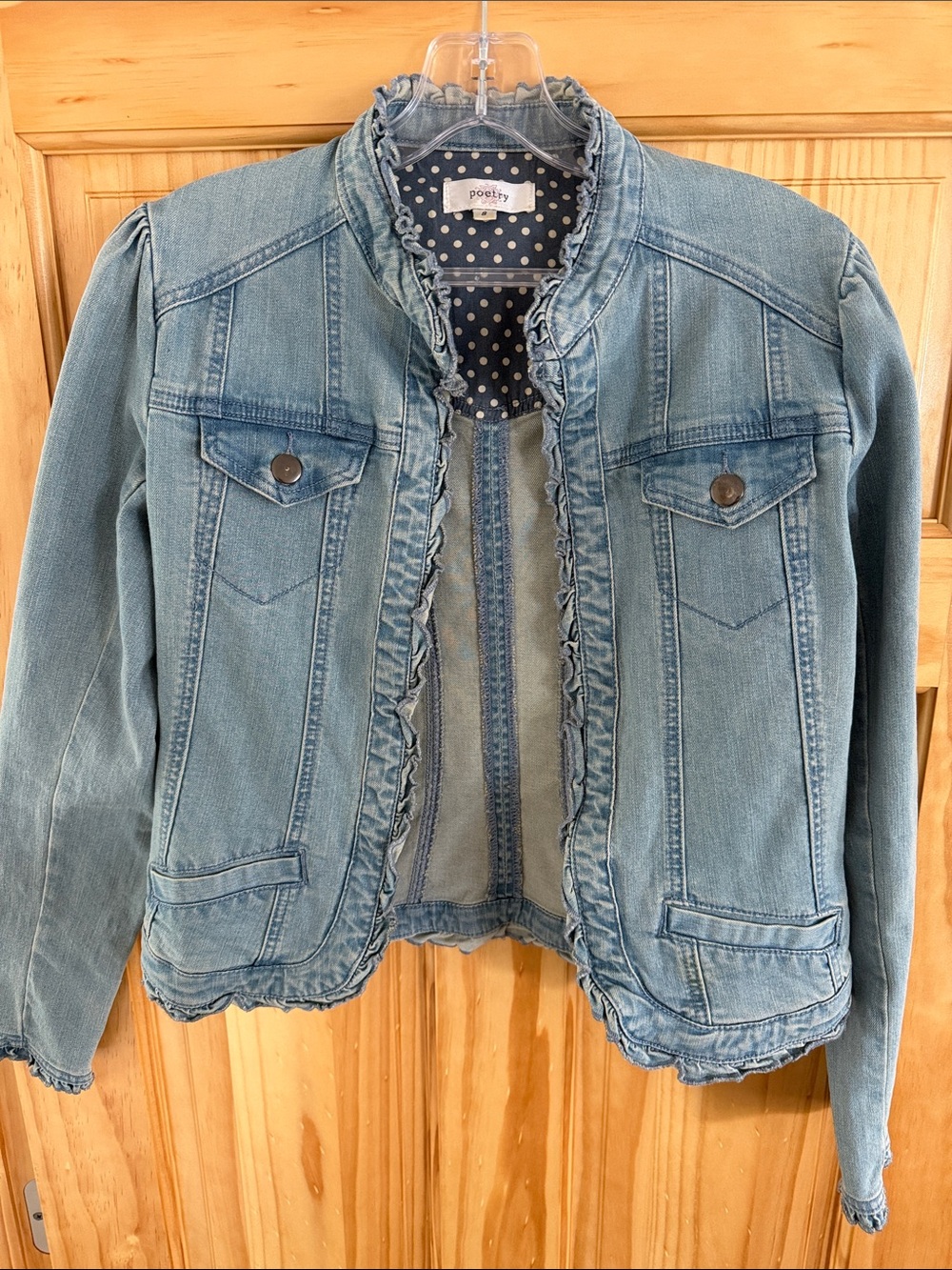 Poetry Light Blue Ruffle-Trim Denim Jacket